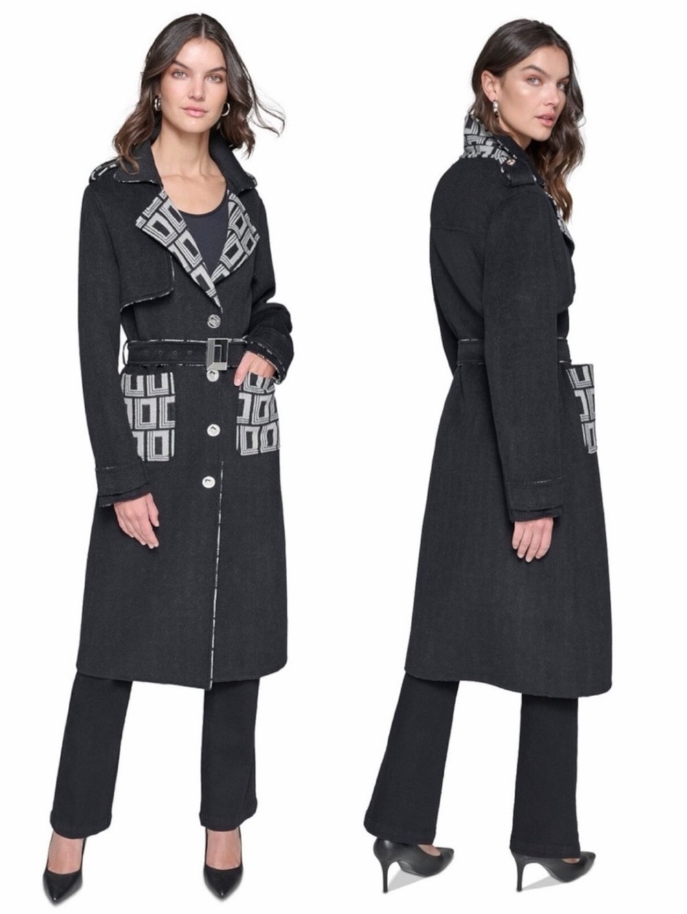 Karl Lagerfeld Paris Monogram-Print Wool Coat in Black & Soft White, Size M, NWT
